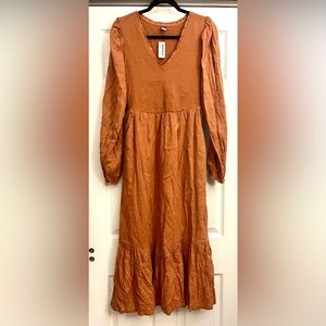 Long Sleeve Fit & Flare Smocked Dress With Pockets